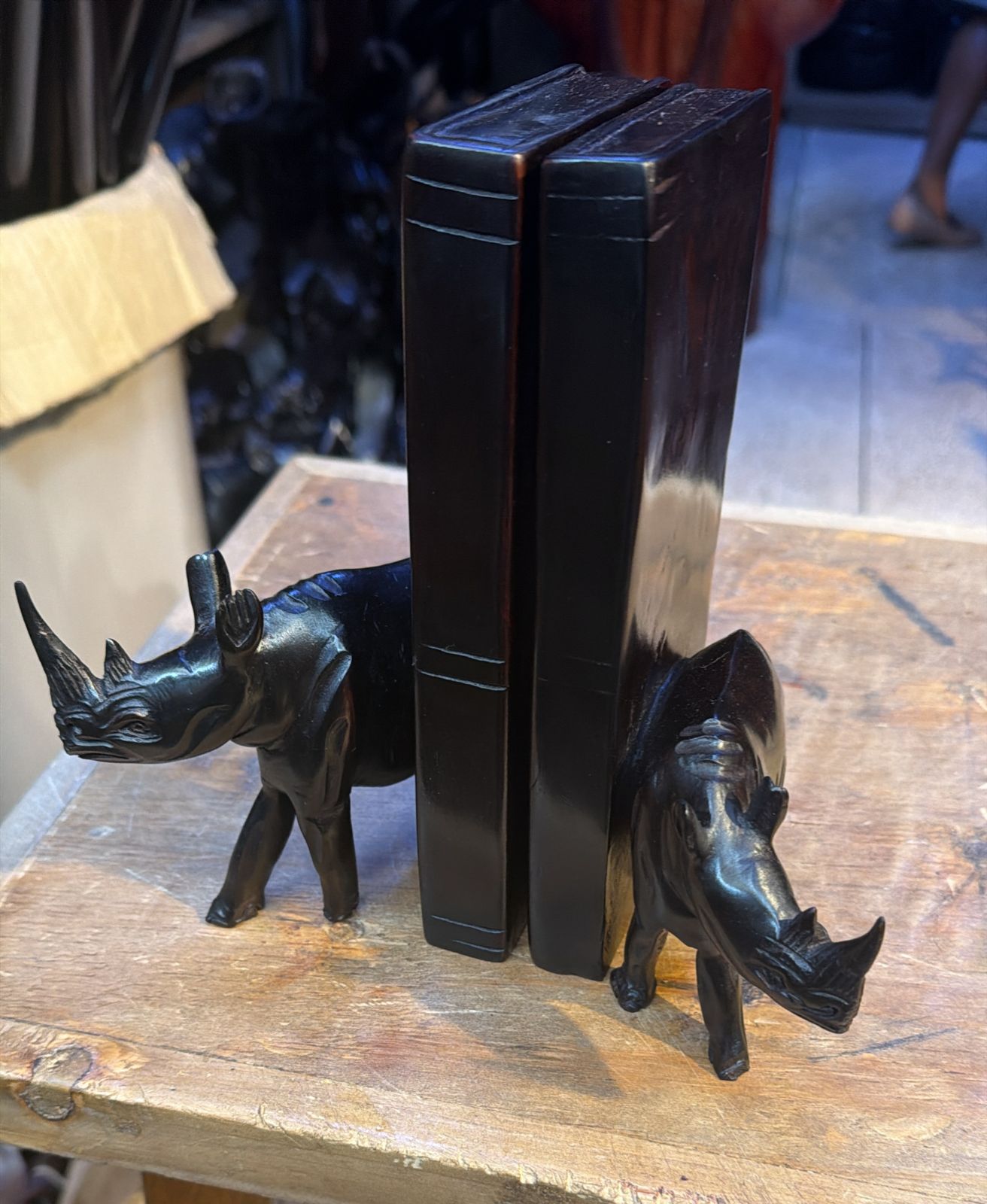 Black Wooden Bookends with Rhino Design