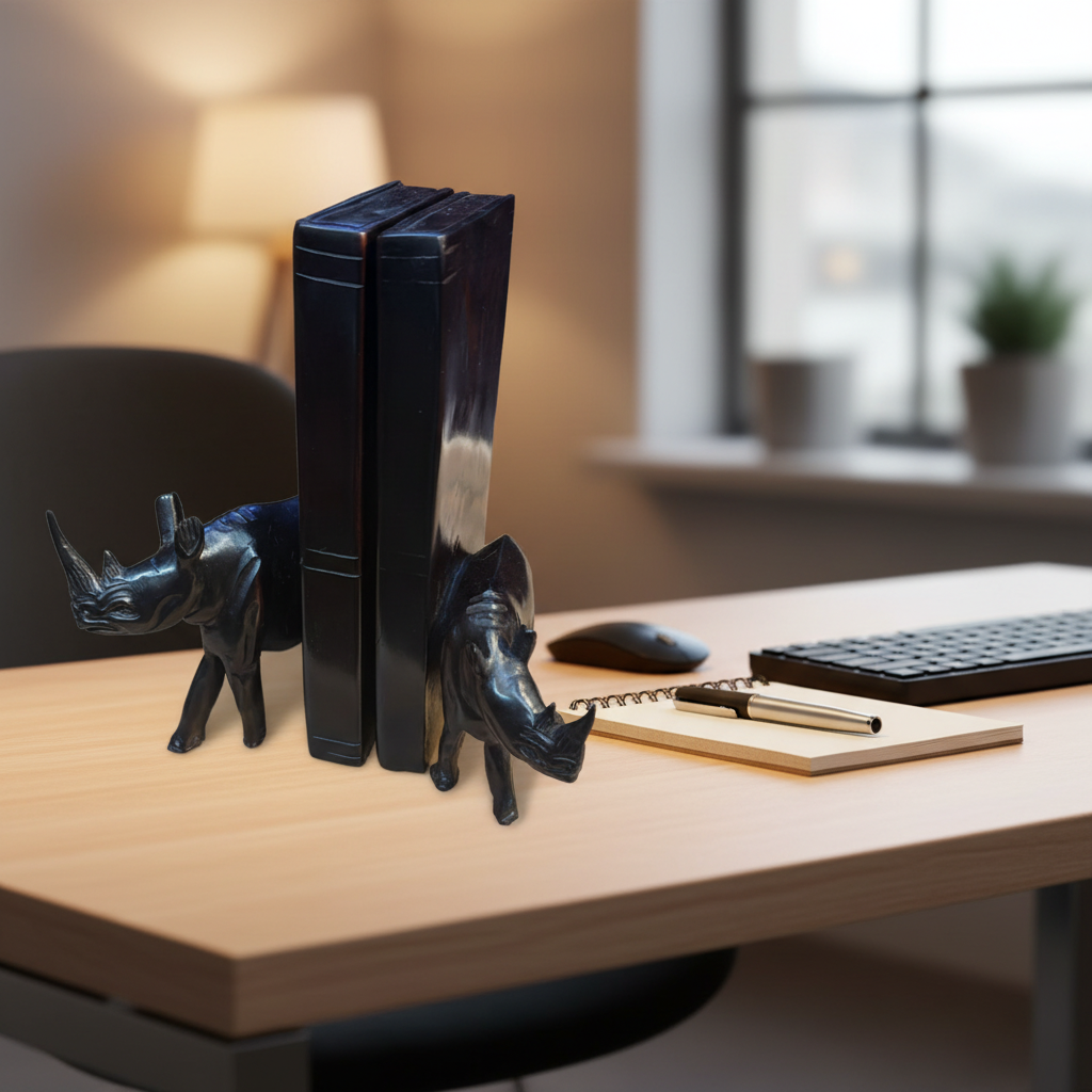 Black Wooden Bookends with Rhino Design