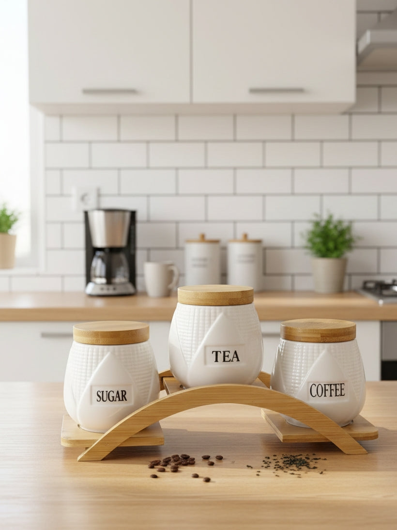 Ceramic Canister Set With Bamboo Lids