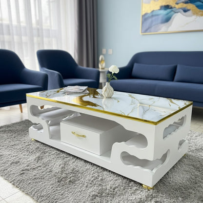 Modern white coffee table with marble and gold top