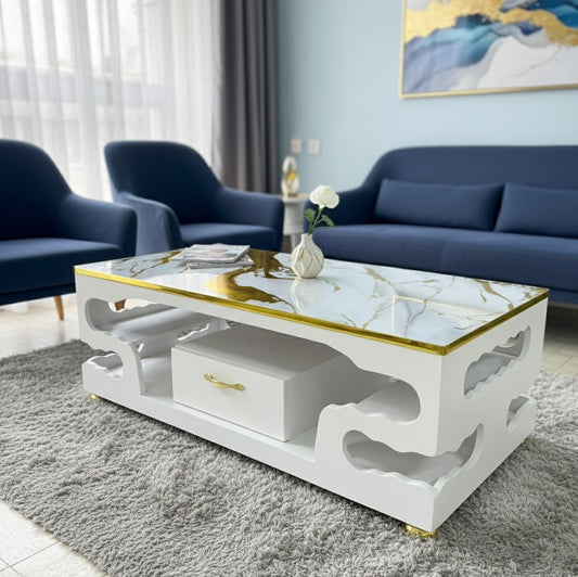 Modern white coffee table with marble and gold top