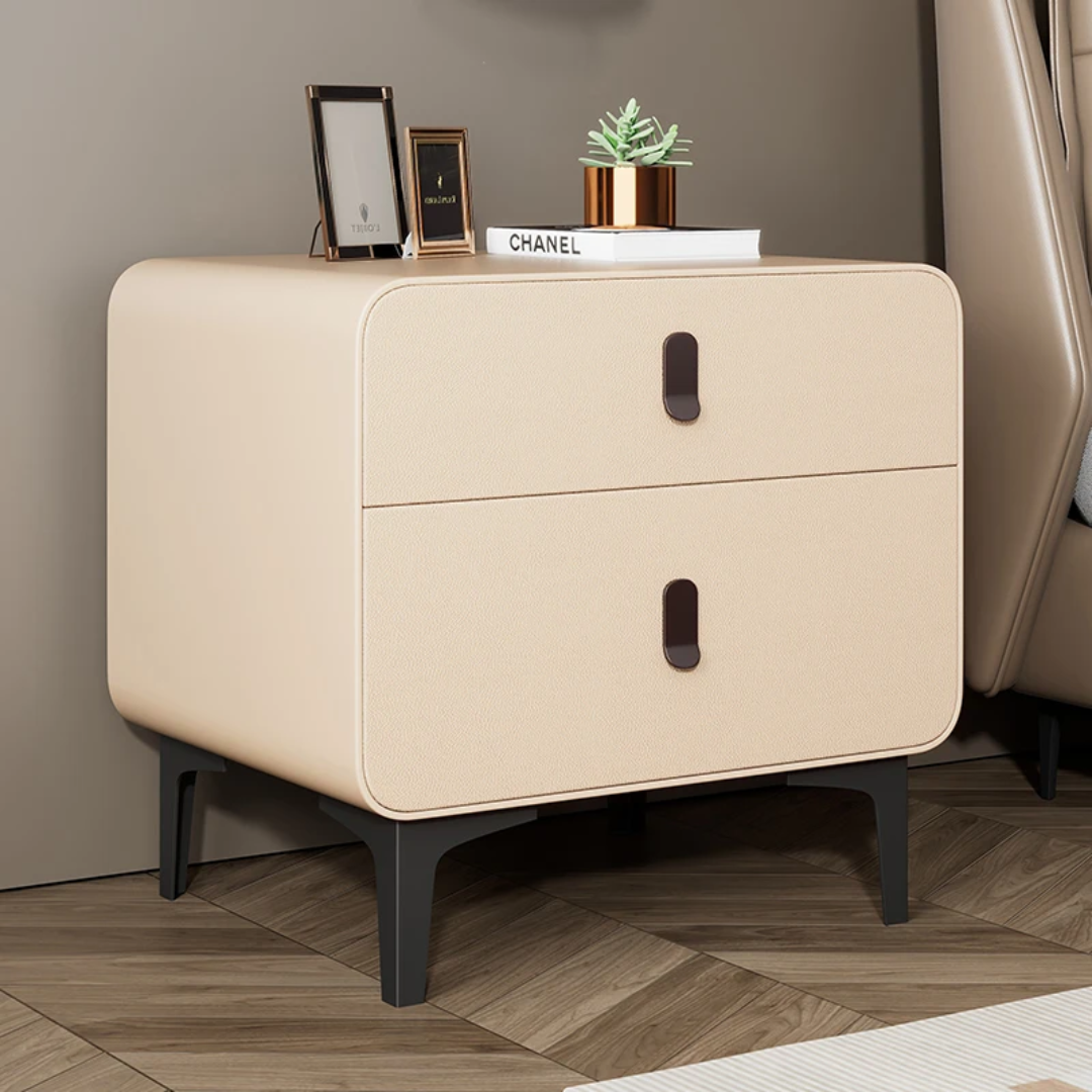 White minimalist bedside table with storage drawer for bedroom use