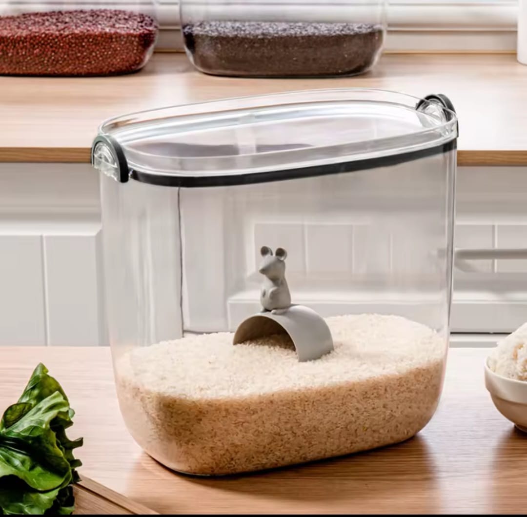 10kg acrylic airtight rice and cereal storage container with scoop for convenient kitchen and pantry organization.