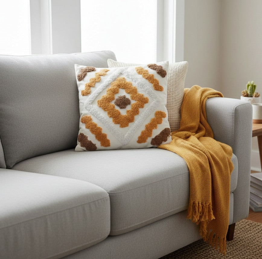 Boho-style 45×45 cm cotton pillow cover with geometric diamond line tufting pattern in multiple prints