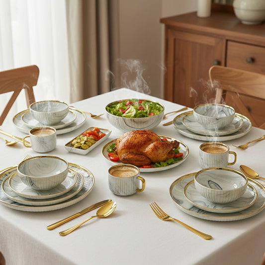 Black marble gold 32-piece dinner set including cups, saucers, bowls, plates, and platters.