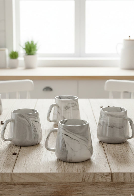 Set of six pearl marble porcelain tea and coffee mugs.
