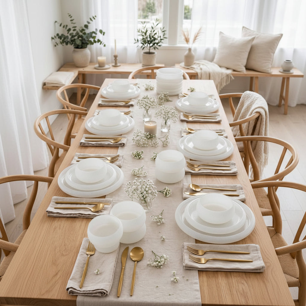 24 Piece Ribbed Frosted Glass Dinner Set