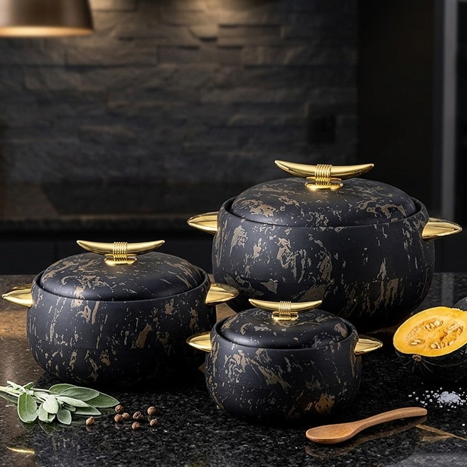 Luxury insulated food warmer set with 1L, 2L, and 3.5L serving casseroles for elegant dining. 