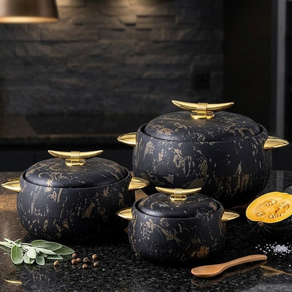 Luxury insulated food warmer set with 1L, 2L, and 3.5L serving casseroles for elegant dining. 