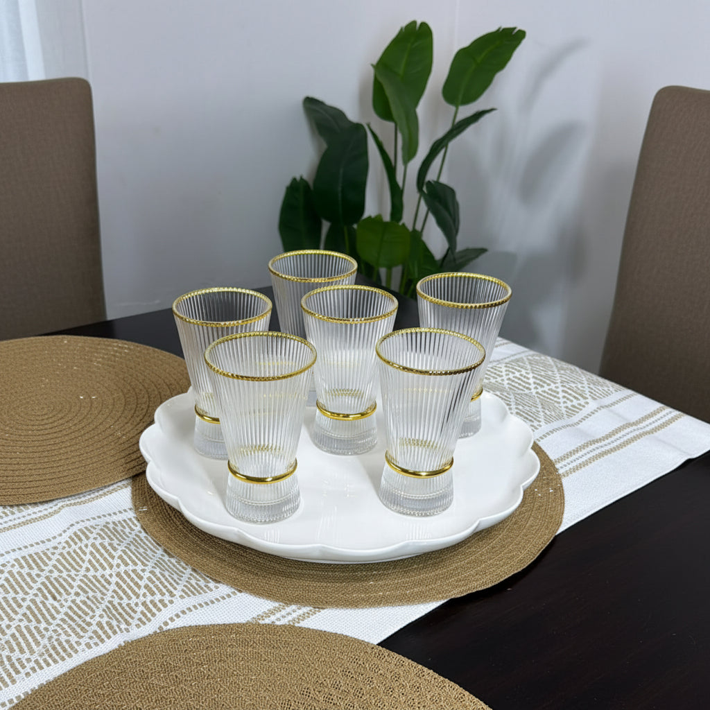Ribbed Juice Glasses with Gold Ring 6 Piece Set
