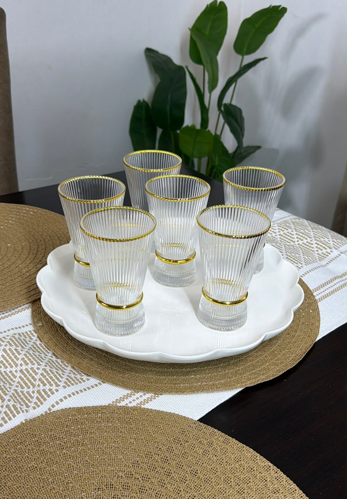 Ribbed Juice Glasses with Gold Ring 6 Piece Set