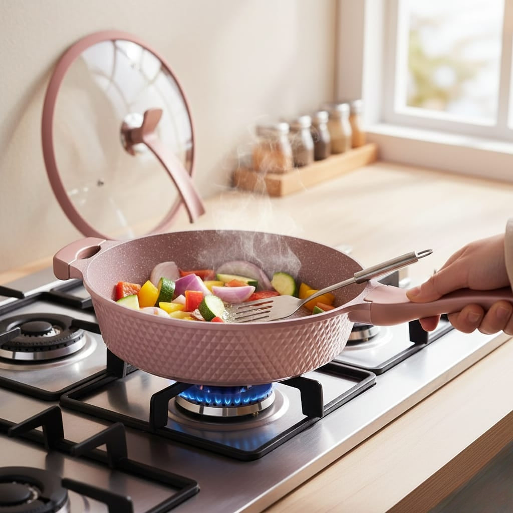 Diamond textured nonstick pan with glass lid and handle