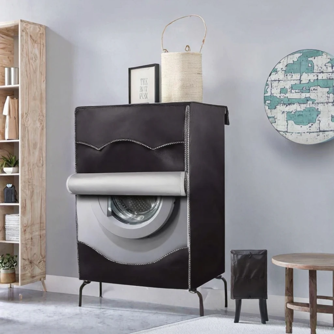 Black waterproof and sunproof front load washing machine cover, 85 × 65 × 60 cm.