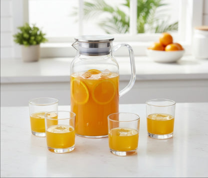 Clear polycarbonate jug with cover and six matching glasses, 1.8L capacity.