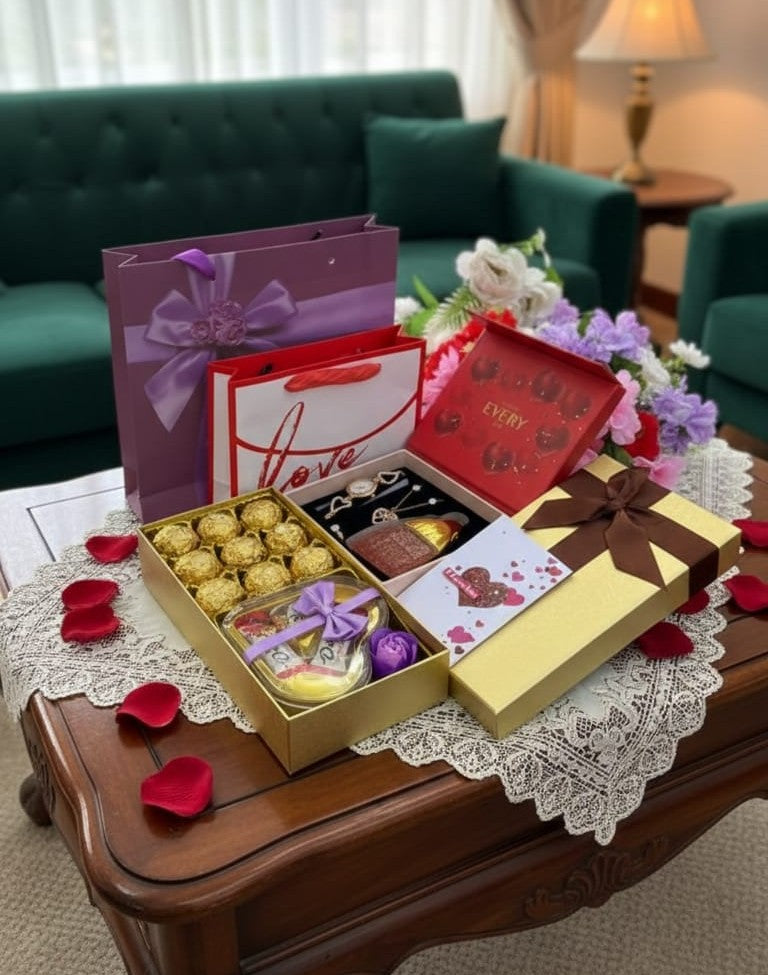 Valentines ladies gift set with premium chocolates, perfume, watch, jewellery, gift card, and two gift bags