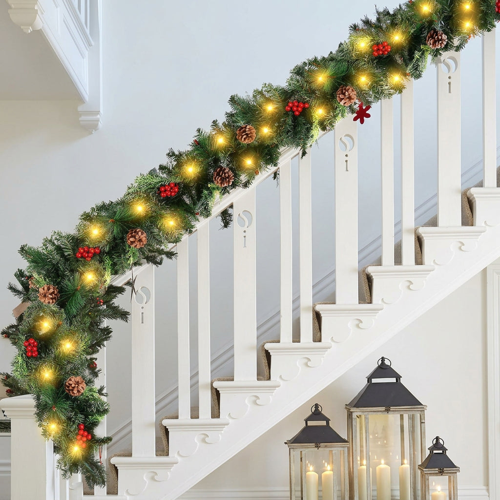 2.7m Christmas Garland with Pine Cones, Red Berries and LED Lights