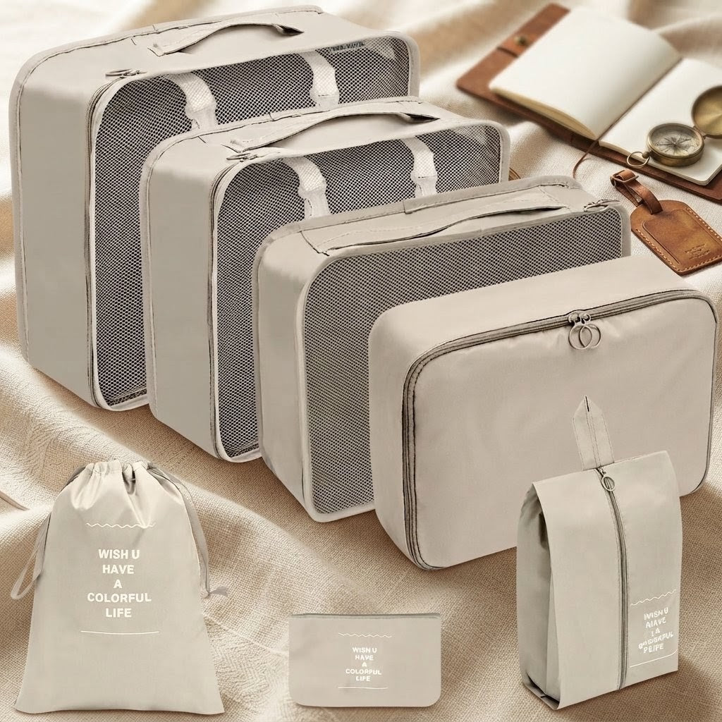 7 piece beige luggage travel organizer set made from Oxford fabric with breathable mesh panels and double zipper closures for organized suitcase packing.