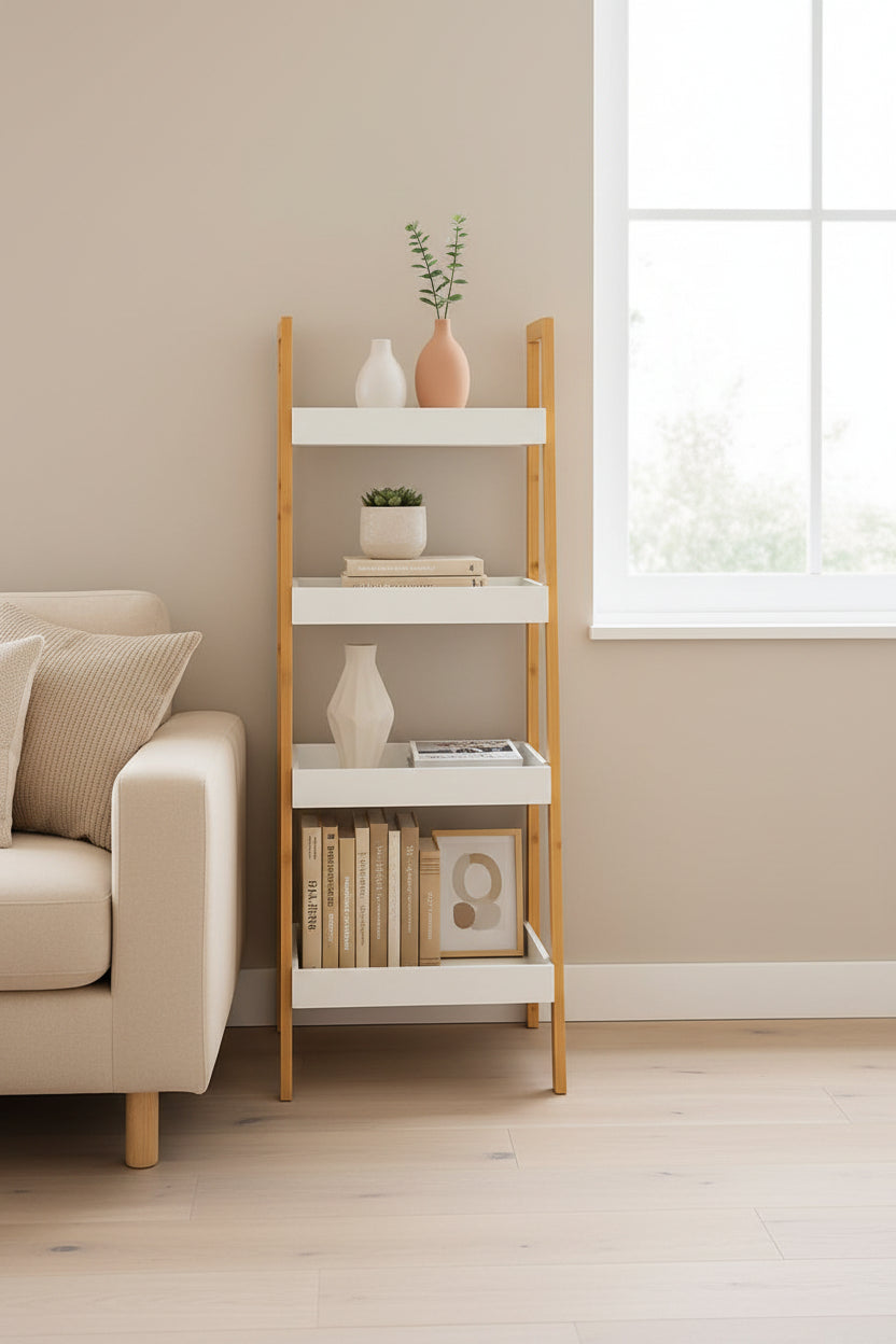 Four tier bamboo ladder organiser shelf for home storage and display.