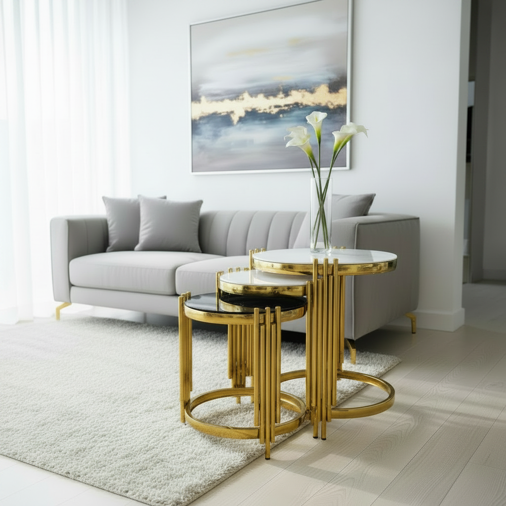 3 in 1 Nesting  Glass Side Stool Tables Set yop