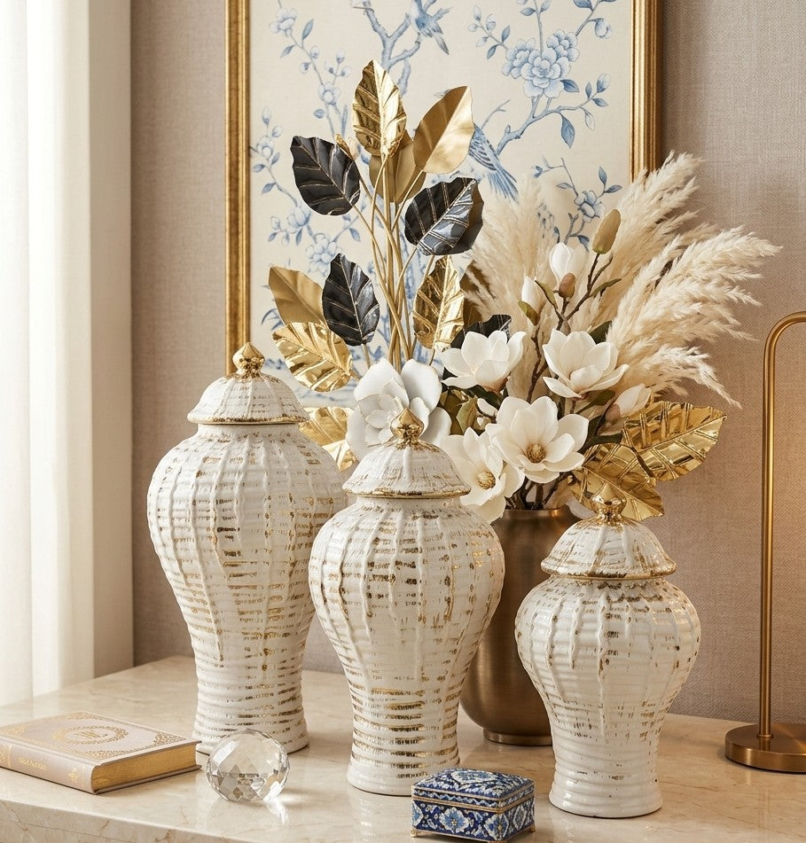 White and gold ceramic decorative ginger jar with lid, suitable for farmhouse tabletop décor, weddings, or office display. ✨