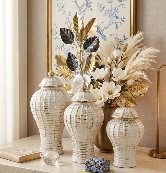 White and gold ceramic decorative ginger jar with lid, suitable for farmhouse tabletop décor, weddings, or office display. ✨