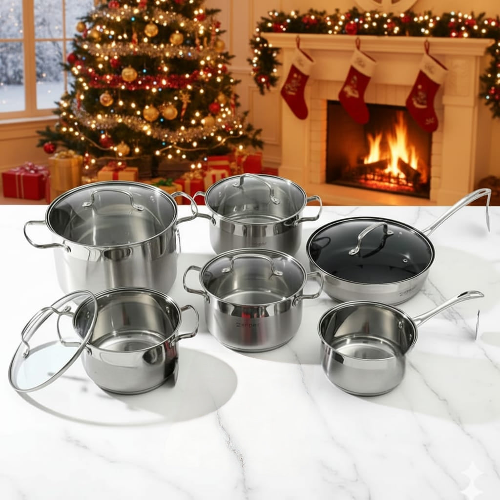 10-piece Zepter stainless steel cookware set with four sufurias and one frying pan, each with lids