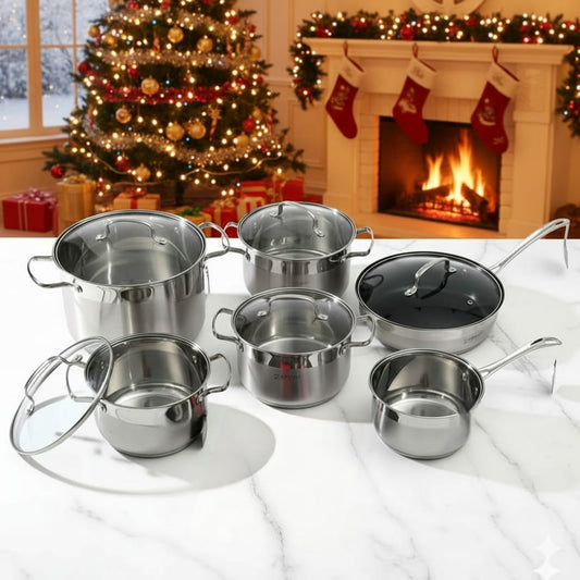 10-piece Zepter stainless steel cookware set with four sufurias and one frying pan, each with lids