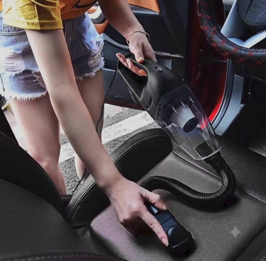 High power car vacuum cleaner with 3800Pa suction 80W motor 12V cigarette lighter connection and 9ft power cord for cleaning car seats floor mats dashboards and vehicle interiors.