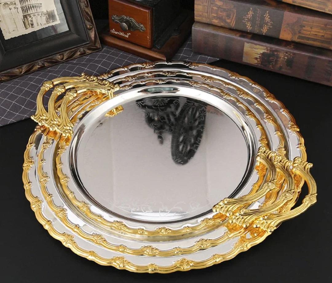 3pcs Round Gold Plated Serving Tray Set