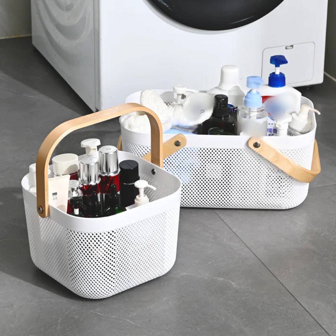 Storage Basket With Mesh & Wooden Handle