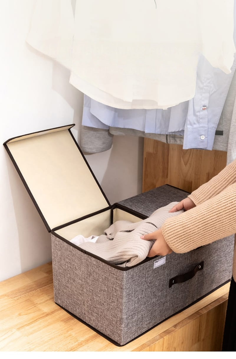 Foldable grey cotton linen storage box with partitions and double cover for closet organization