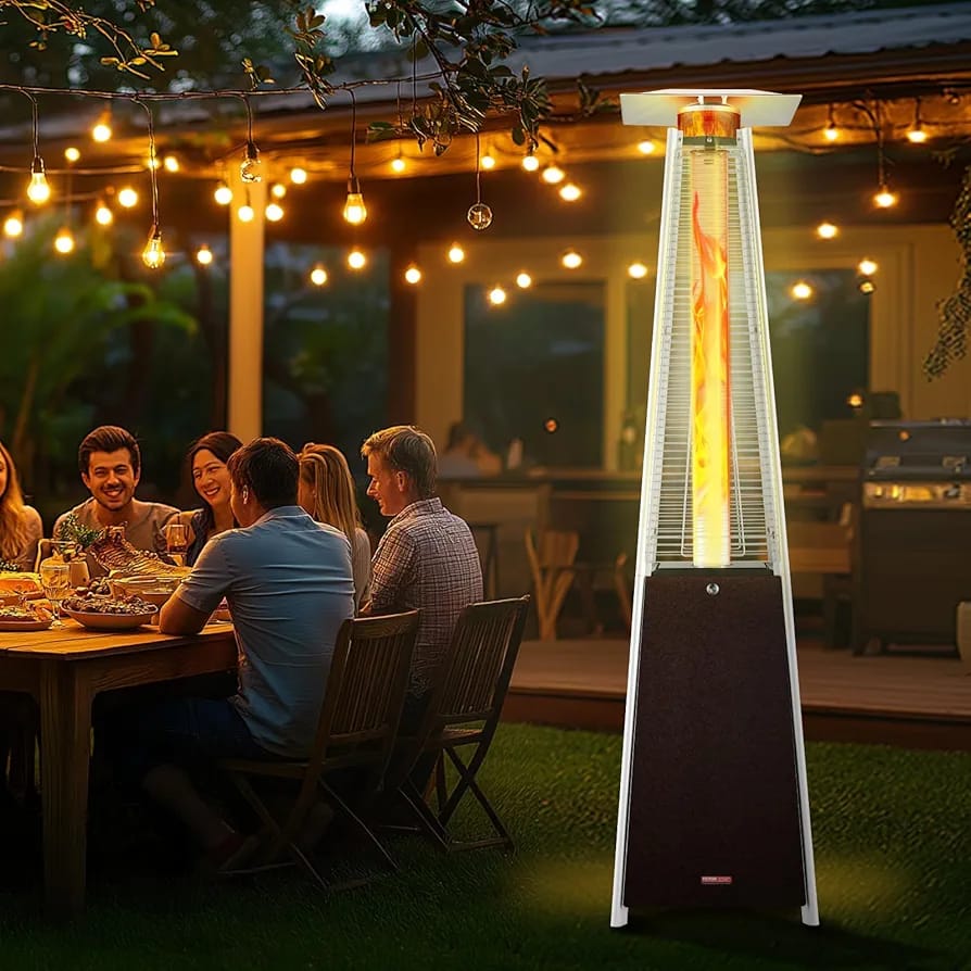 Black iron pyramid patio heater for outdoor spaces using gas