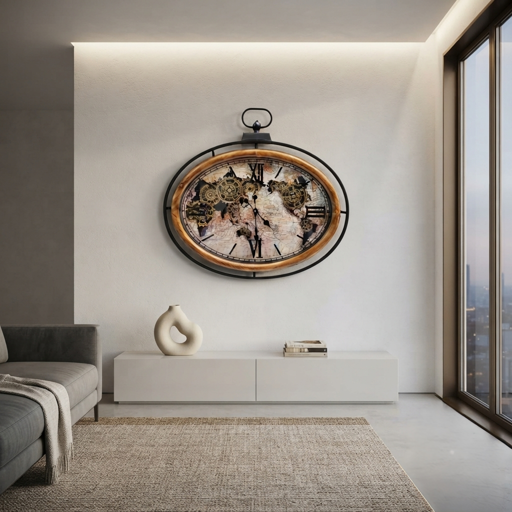 Atlas Columbus Oval Metal Wood Moving Gears Wall Clock