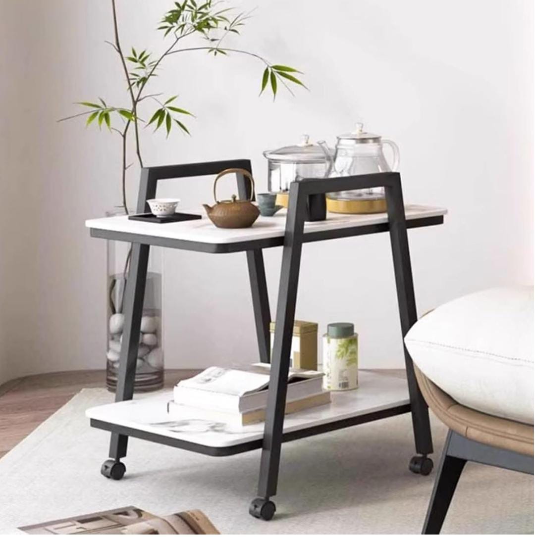 2-Tier Rolling Side Table With Marble Top