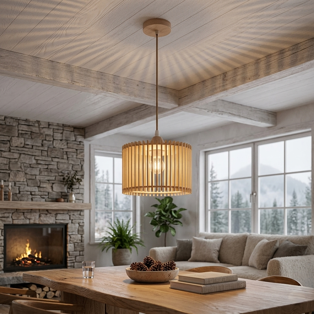 Wood finish pendant ceiling lamp with E27 holder and hanging cord for indoor lighting