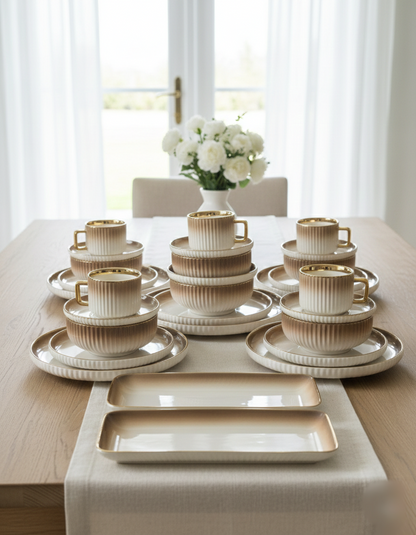 32-piece European porcelain dinner set with plates, side plates, soup bowls, mugs, cup saucers, and rectangular platters.