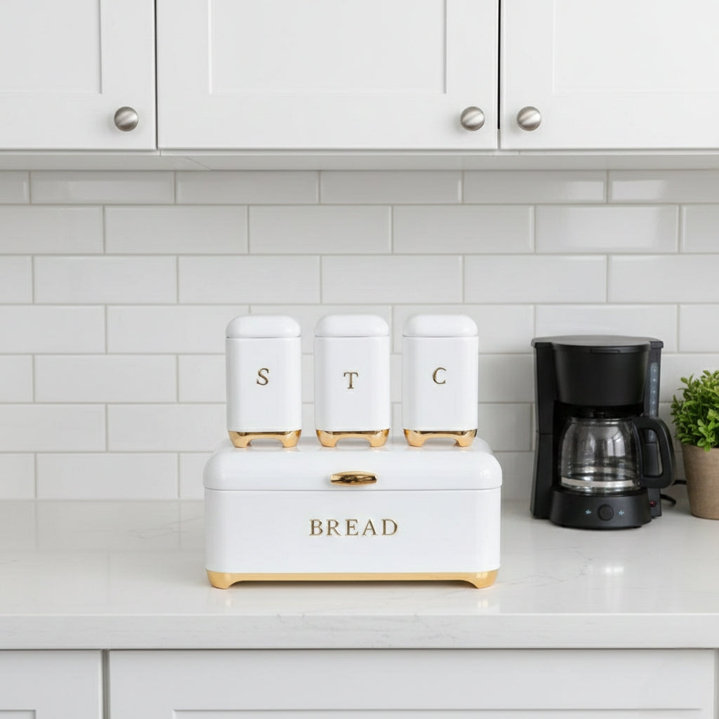 Kitchen bread bin with three matching storage canisters.