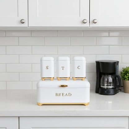 Kitchen bread bin with three matching storage canisters.