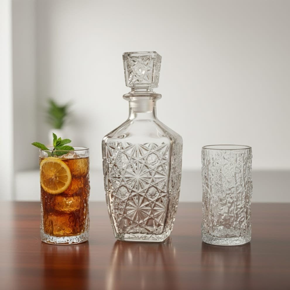 Square Glass Decanter with 2 Ice Texture Glasses Set