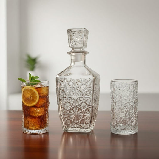 Square Glass Decanter with 2 Ice Texture Glasses Set