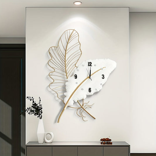 Metallic feather wall clock, modern decorative timepiece for living room, bedroom, or office décor.