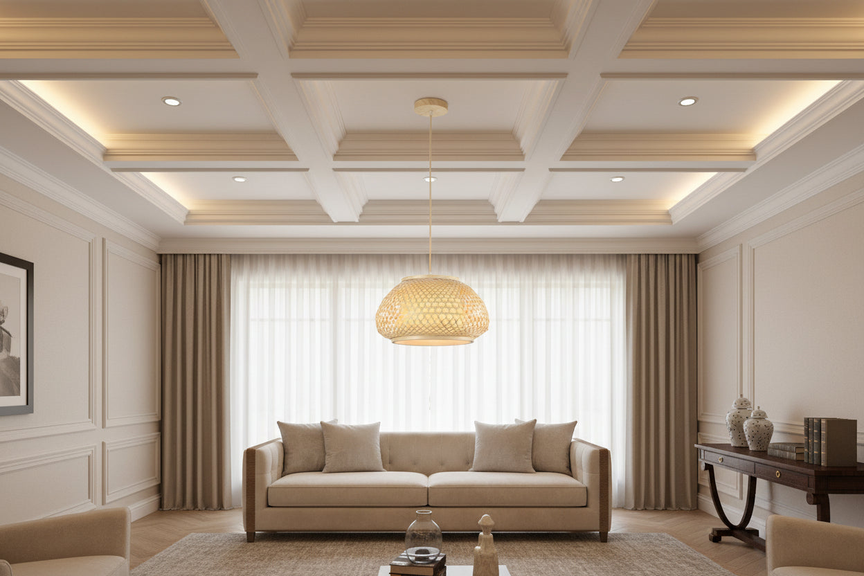 Wood color bamboo pendant lamp with E27 holder and 35 cm shade for modern indoor lighting setup