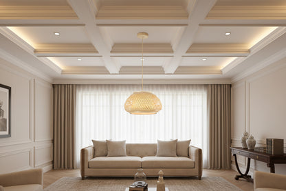 Wood color bamboo pendant lamp with E27 holder and 35 cm shade for modern indoor lighting setup