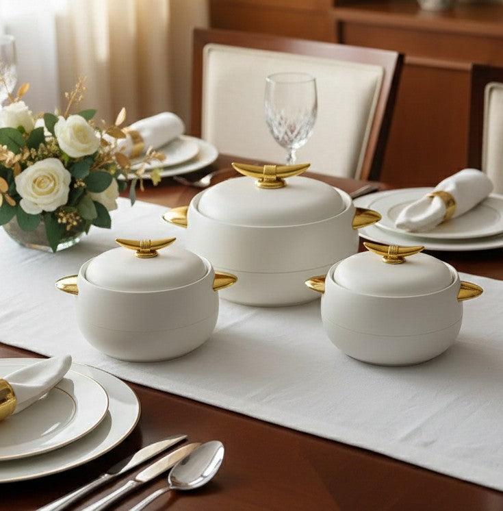 Set of three modern European style insulated hotpots in 3.5L, 2.0L, and 1.0L with glossy finish