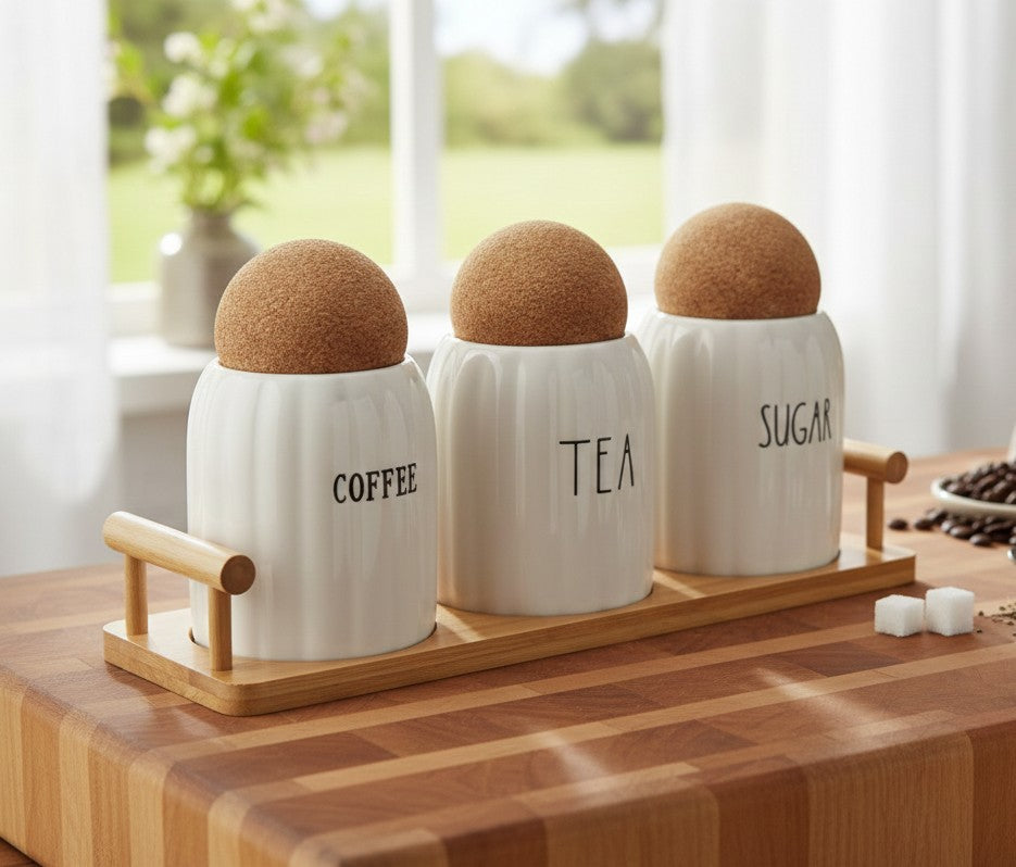 Three ceramic kitchen canisters arranged together