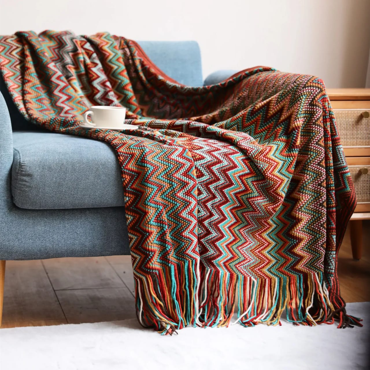 Bohemian Knitted Throw Blanket With Tassels