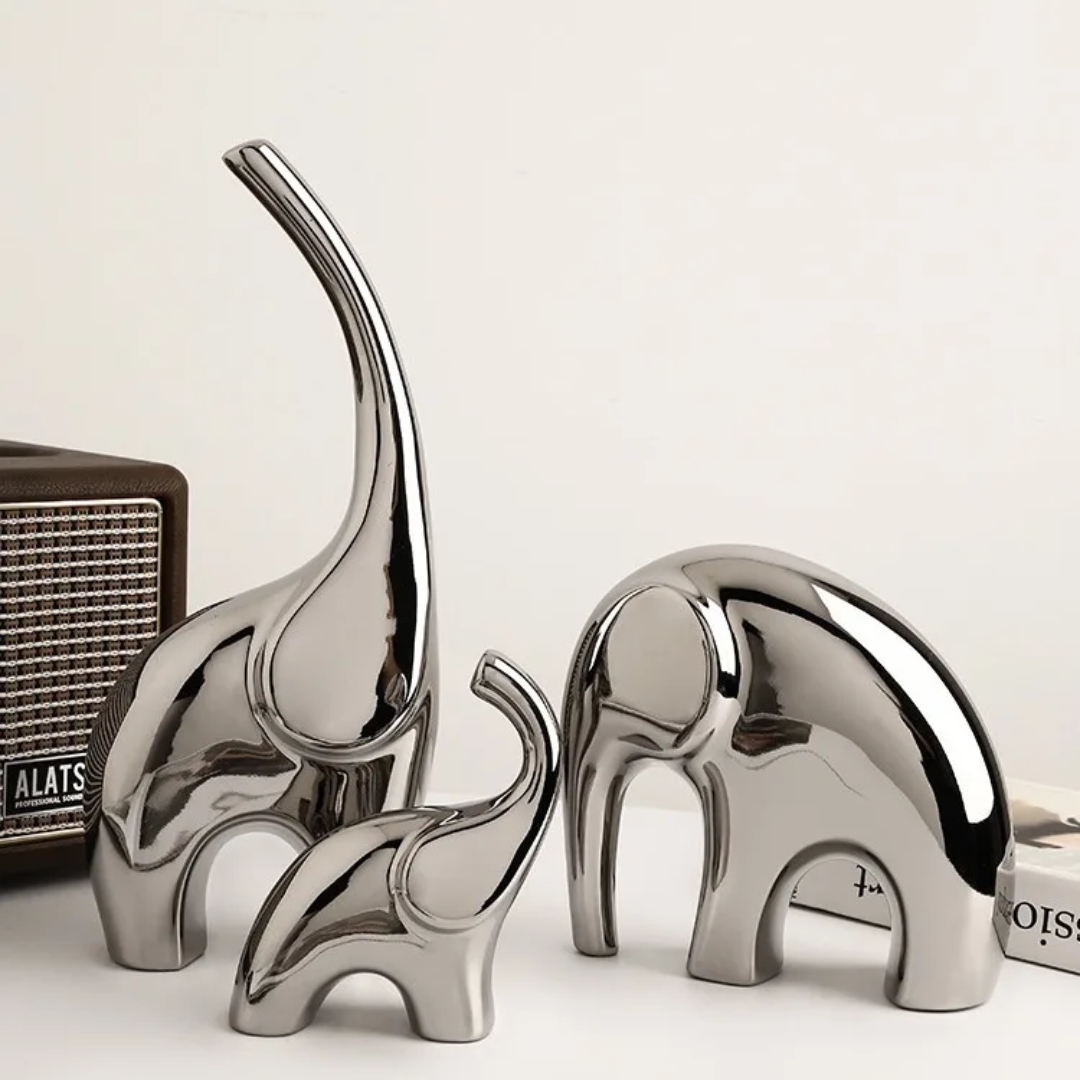 Silver Ceramic Elephant Home Decor Set