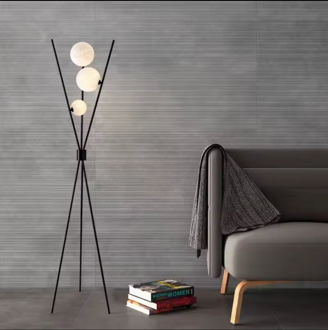 Minimalist creative iron floor lamp with warm, neutral, and white lighting modes for modern living room and bedroom décor.