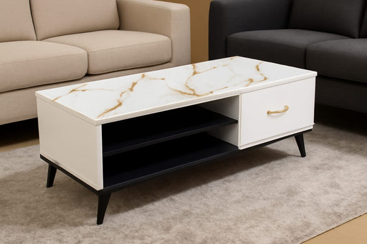 Wooden coffee table with marble-effect top