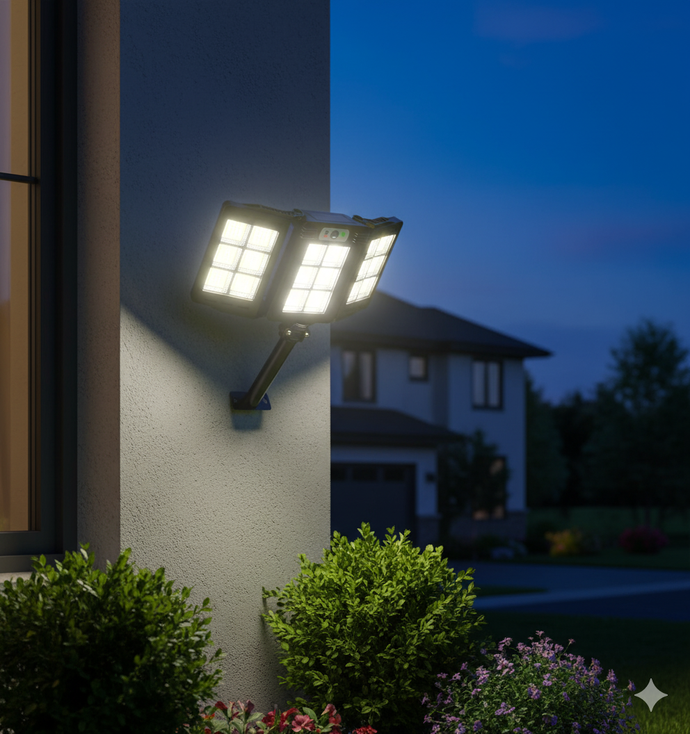 300W solar-powered street light with motion sensor and automatic dusk-to-dawn control